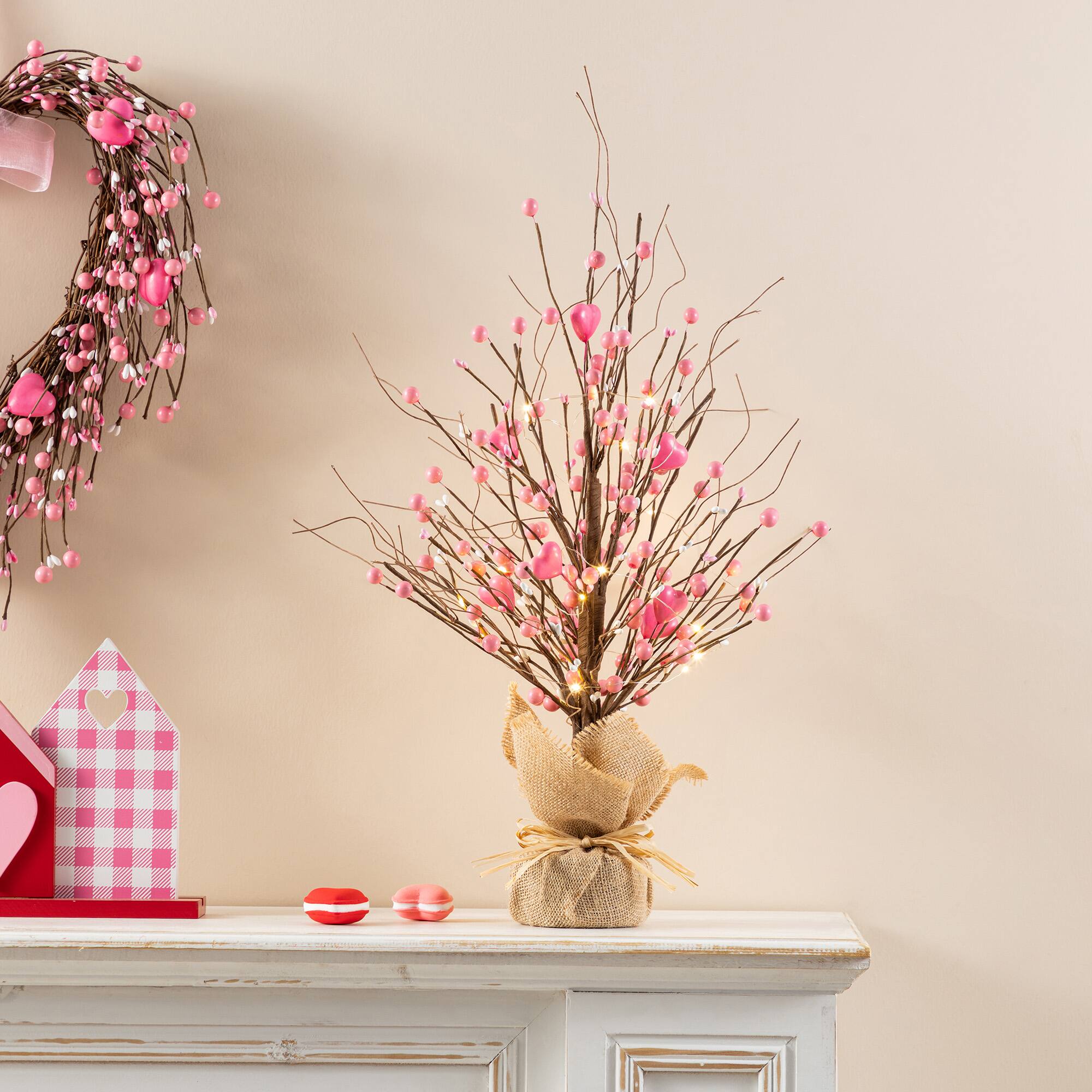 Glitzhome® 20" Lighted Valentine's Pink Berry Heart Table Tree